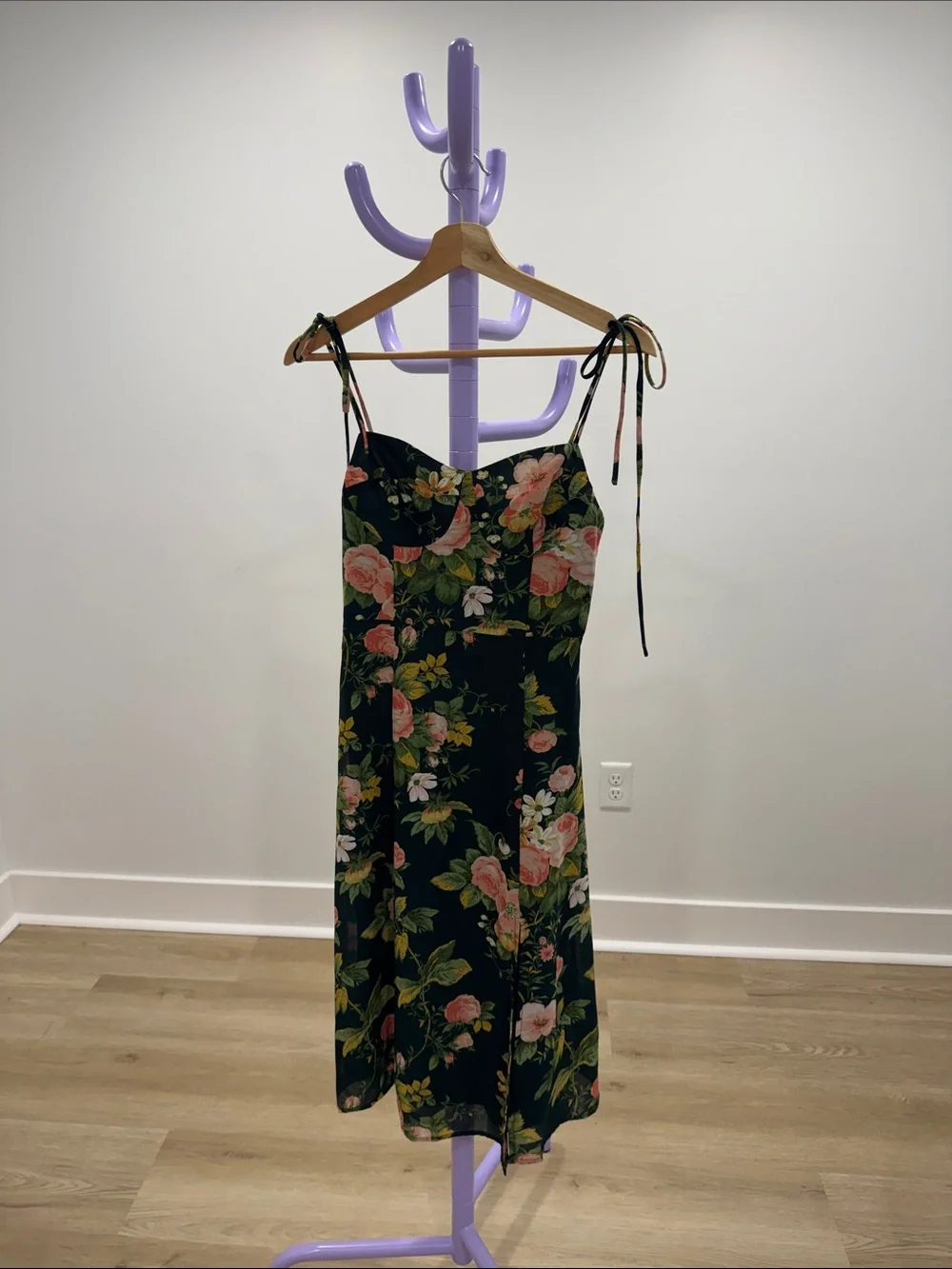 Floral Tie-Shoulder Midi Dress in Black with Pink Roses